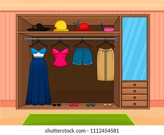 Vector illustration of a home wardrobe room. Background and assets for a dress up game. Collection of modern clothing gown, top, pants, skirt and hats. Vector illustration.
