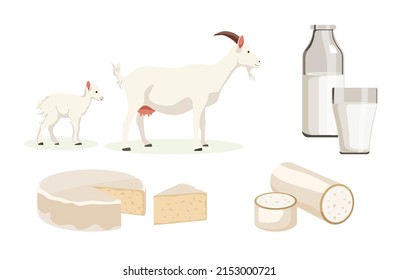 Vektorgrafik von hausgemachten weißen Ziegen, Milch und Käse auf weißem Hintergrund. Bauernhof mit natürlichen Produkten im Cartoon-Stil.