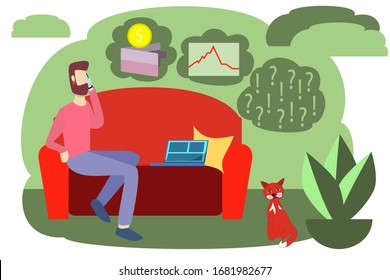 Vector illustration of home work freelance. Economic crisis due to interruption of work due to coronavirus. Losing money decreases the value of stocks and bonds.