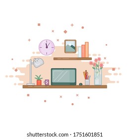 Ilustración vectorial del lugar de trabajo doméstico. Ilustración de un escritorio con una laptop, para diseño en el sitio, presentación de diseño, para posts en redes sociales, eps 10