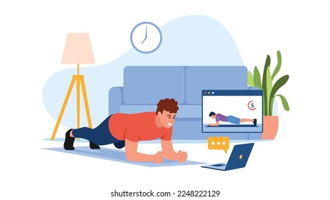 Ilustración vectorial del entrenamiento doméstico. Escena de caricaturas con un tipo que está haciendo deportes en casa, encontró un entrenamiento en Internet sobre fondo blanco. Formación deportiva en línea a través de la pantalla del portátil.