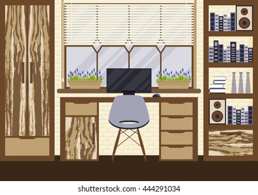 Vector illustration with home workplace in flat design. Workspace for freelancer on brick wall background