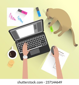 Vector illustration of home workplace with lying cat