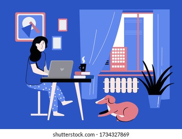 Ilustración vectorial de un lugar de trabajo doméstico sobre un fondo azul brillante en una paleta de baja llave.