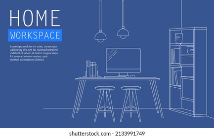 Vector illustration of home workspace in outlined style. Suitable for design element of work from home and house office. Desktop workspace for freelancer background.