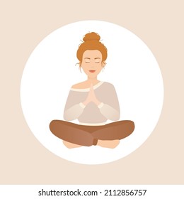 Ilustración vectorial del yoga doméstico con jengibre sentada en una pose de loto. Tranquilidad y yoga. Tonos neutros para su diseño.