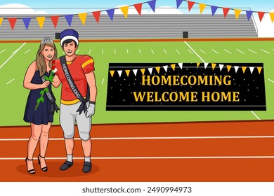 Eine Vektorillustration von Homecoming King und Queen im Football Stadium 