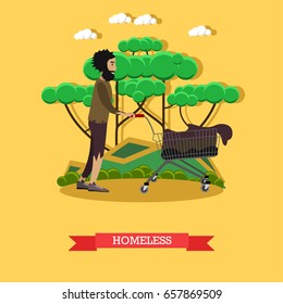 Vector illustration of a homeless man pushing cart with old stuff. Flat style design.
