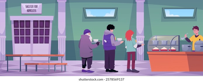 Vector illustration of homeless people standing in a shelter in line for food. Volunteers provide food and support to people in difficult situations. Interior room. Flat cartoon style.