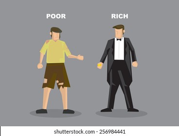 Vector Illustration Of Homeless Poor Man In Torn Clothes And Successful Rich Man In Tuxedo. Conceptual Cartoon Characters For Contrast In Social Economic Class Status Isolated On Grey Background.