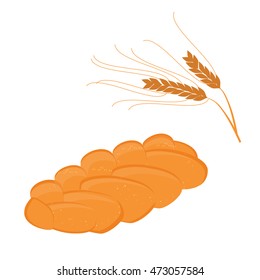Vector illustration homemade bread pigtail and ears of wheat. Bread in the form of braids.
