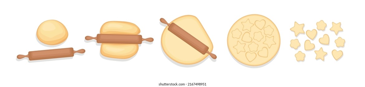 Vector illustration homemade dough on white background. Decorative design elements. A piece of dough is leveled with a rolling pin and cookies of various shapes are made from it in cartoon style.