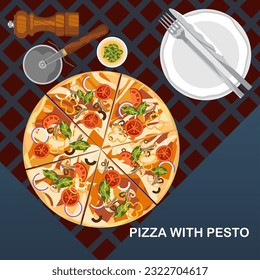 Vector illustration of homemade Italian Margherita pizza with mozzarella and basil, tomatoes and bell peppers, and mushrooms on a tray, top view.