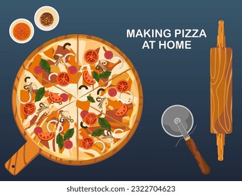 Vector illustration of homemade Italian Margherita pizza with mozzarella and basil, tomatoes and bell peppers, and mushrooms on a tray, top view.