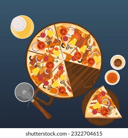 Vector illustration of homemade Italian pizza Margherita with mozzarella and basil, tomatoes, and bell peppers on a tray, top view.