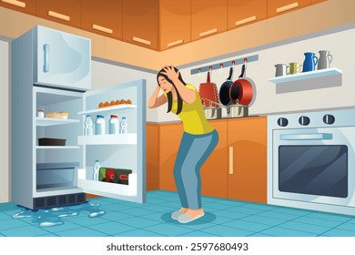 A vector illustration of Homeowner With Leaking Refrigerator in the Kitchen