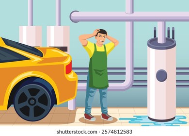 A vector illustration of Homeowner with Leaking Water Heater Tank in the Garage