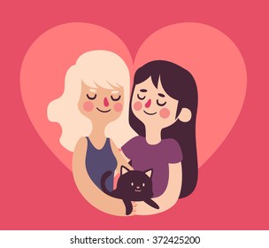 Vector illustration of a homosexual couple of girls, holding their pet cat inside a giant heart shape.