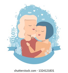 Vector illustration of homosexual  love couple in hugs on blue background with flowers and hearts. Isolated on white background.