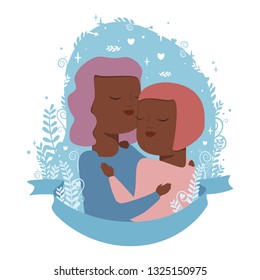 Vector illustration of homosexual  love couple in hugs on blue background with flowers and hearts. Isolated on white background.