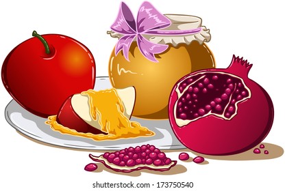 Vector illustration of honey apple and pomegranate on a plate for Rosh Hashanah the Jewish new year. 