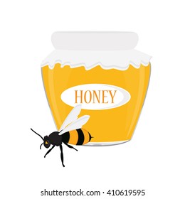 Vector illustration honey bank, jar and queen bee. Honey pot