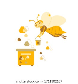 Vektorillustration einer Honigbiene mit einem Eimer Honig auf einem Hintergrund von Bienenvölkern und Honigwaben. Das Konzept einer gesunden Bienenzucht und einer erfolgreichen Honiggewinnung. Flaches Design.
