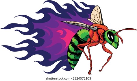 Vector illustration of honey bee with flames on white background