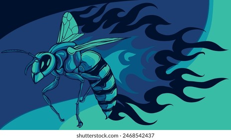 Vector illustration of honey bee with flames on white background