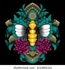 Ilustración vectorial de la abeja miel sobre fondo oscuro