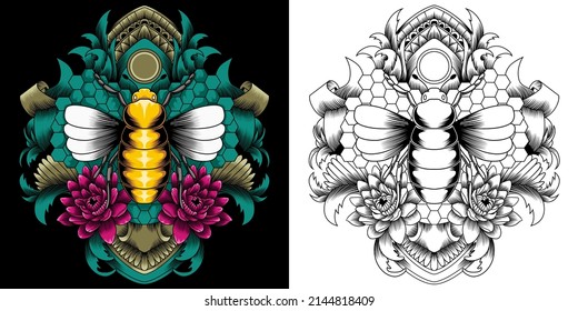 Ilustración vectorial de la abeja miel sobre fondo oscuro
