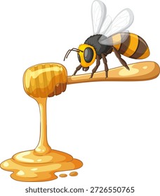 Ilustración vectorial de una abeja de miel en un cucharón de madera con miel líquida dorada goteando