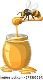 Ilustración vectorial de una abeja de la miel en un cucharón de madera que gotea la miel en un tarro