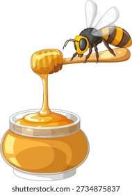 Vektorgrafik einer Honigbiene auf einem Holzdipper, der Honig in ein Glas tropft