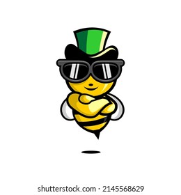 vector illustration of a honey bee wearing a hat and sunglasses