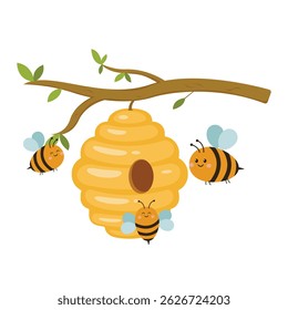 Vector illustration of honey beehive hanging on a tree branch with bees flying around.