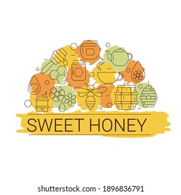 Vector illustration of honey and beekeeping icons. Honey farm objects. Eco sweet organic fresh healthy products.