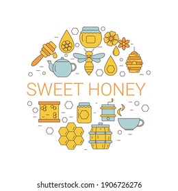 Vector illustration of honey and beekeeping icons. Honey farm objects. Eco sweet organic fresh healthy products.