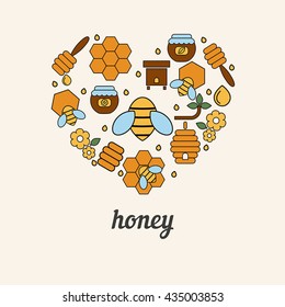 Vector illustration of honey and beekeeping icons. Honey farm objects. Eco sweet organic fresh healthy products.