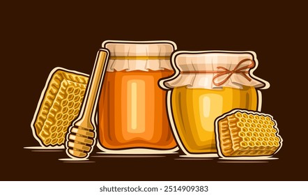 Vector illustration for Honey, decorative placard with cartoon design honey composition with rustic glass jars, covered paper cap, variety honeycomb pieces and wooden honey dipper on black background