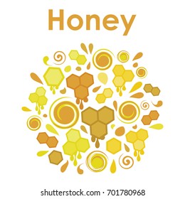 vector illustration of honey emblem with drops and honeycombs in round shape design
