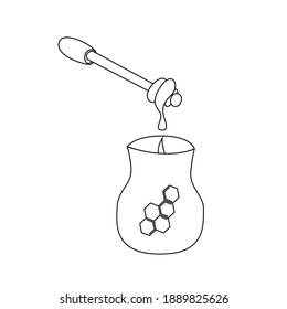 Vector illustration of honey flowing from a spoon into a jar with the image of a honeycomb. Isolated on white background.