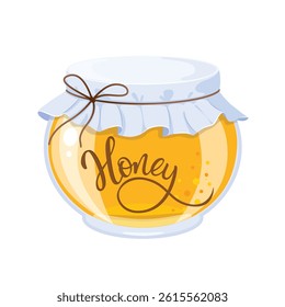 Vector illustration of a honey jar with a label reading "Honey" and a decorative cloth lid secured by a bow. The jar is full of golden liquid, emphasizing natural sweetness.