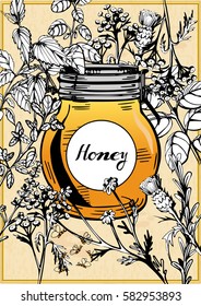 Vector illustration of a honey jar poster, surrounded with herbs and flowers in ink hand-drawn style on a vintage yellow paper.