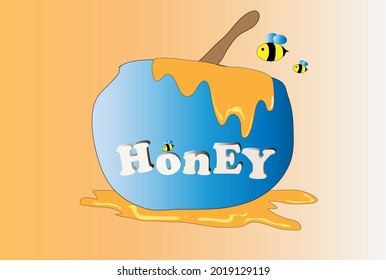 Vector illustration of The honey in the jar spilled onto the floor.bee flying over honey.