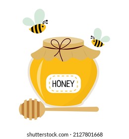 Vector illustration of honey jar, honey stick and bees. Flat style