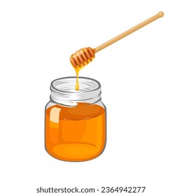 Vector illustration, honey jar, with honey stick, isolated on white background.