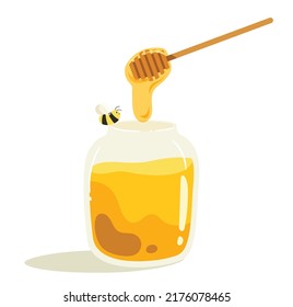 Vector illustration of honey in the jar with  Wooden Stick Honey Dipper and little bee isolated on white background. Illustration for sweet and natural product.