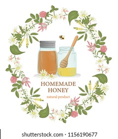 Vector illustration of honey jars framed with wild flowers wreath and bumblebees. Banner, card, template, sign, signboard or poster for home made honey shop. Watercolor effect
