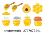 Vector illustration of honey jars, honeycomb and beehive set